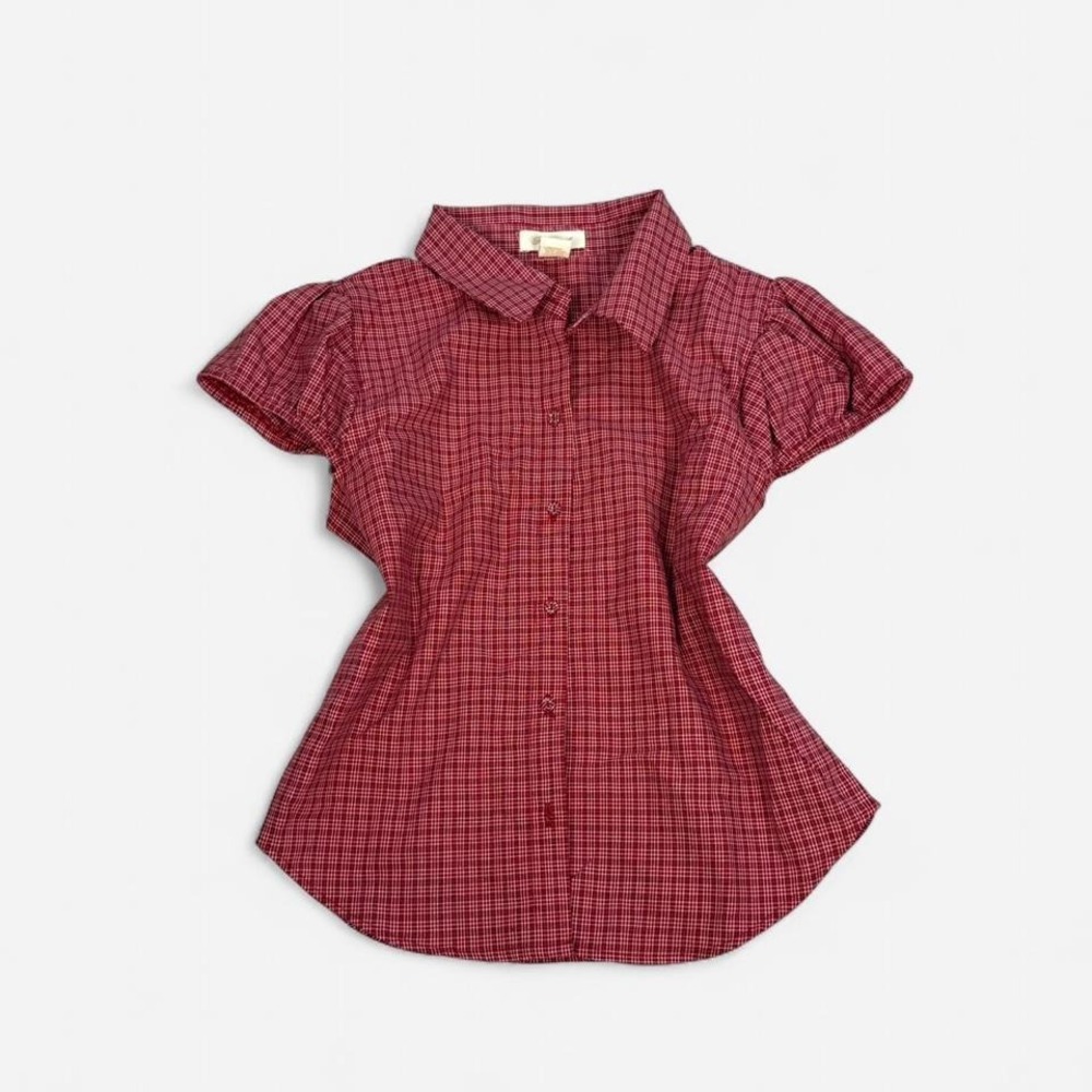 Vintage y2k Passport red & white plaid button up short sleeve fitted blouse